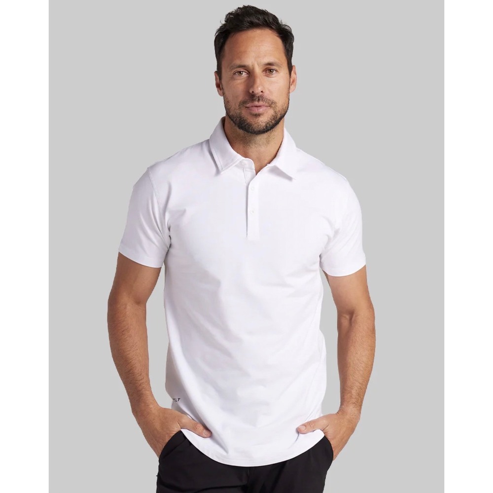 BYLT Basics Mens Drop-Cut LUX Polo Shirt White Slim Fit Short Sleeve Size L